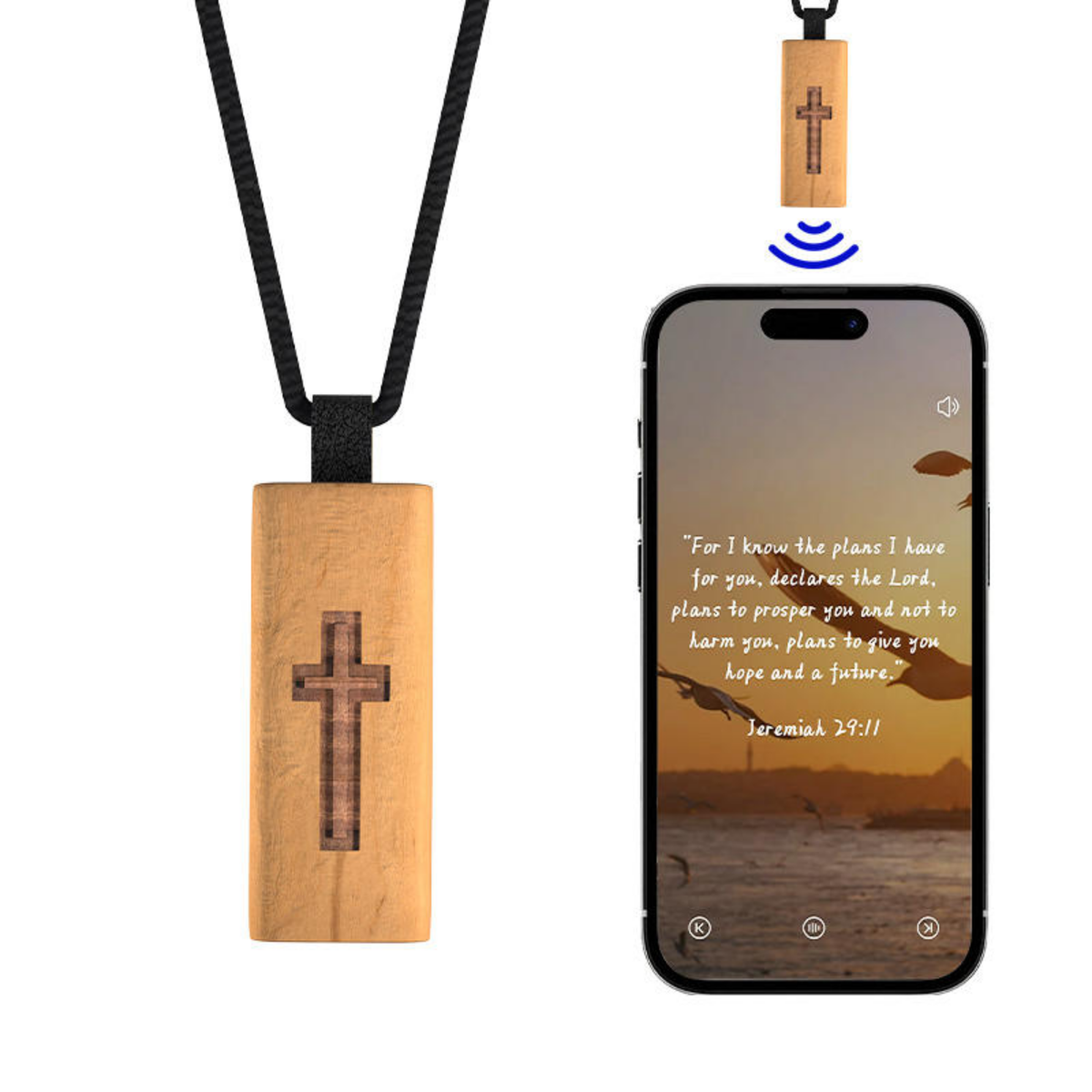 Collar de cruz católica de madera con NFC